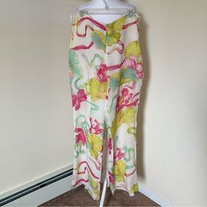 Emanuel Ungaro Paris 100% Silk Floral White Wide Leg Pants size 40 US 12